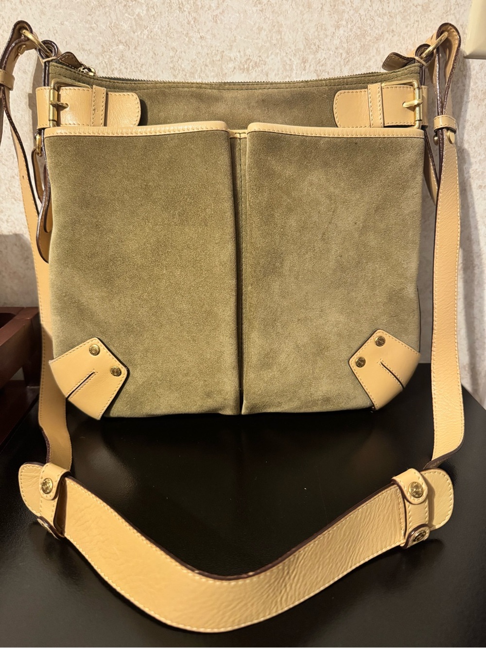 Hunting World Suede and Leather Crossbody Shoulder Bag in Olive and Tan